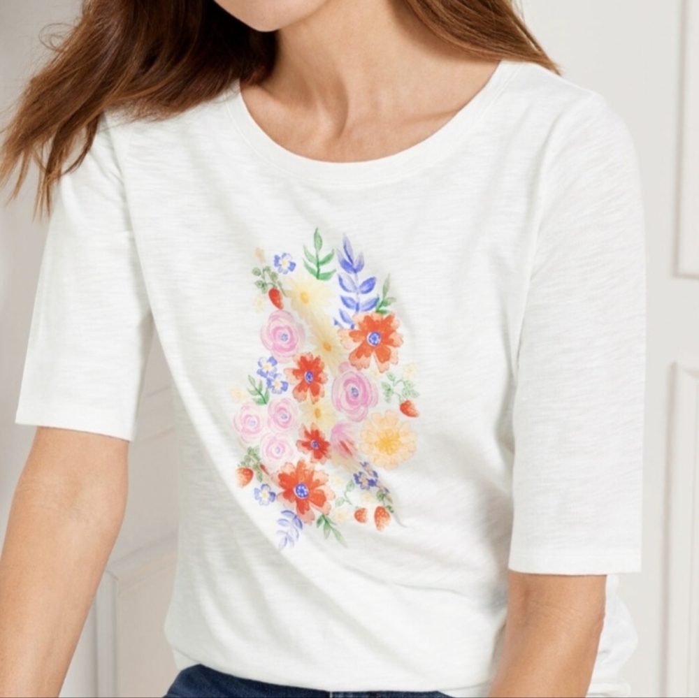 Talbots White Floral Short Sleeve Tee